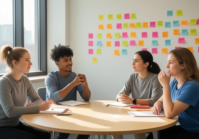 Teilnehmer im Pitch-Basics-Kurs, Gruppenübung mit Moderator