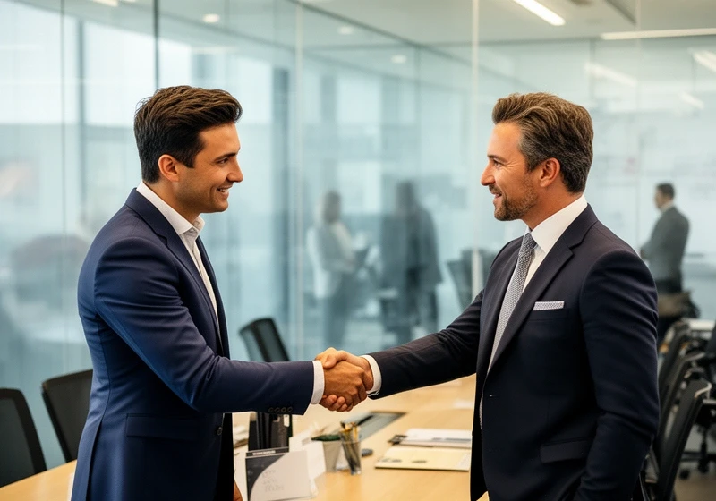 Erfolgreicher Pitch-Abschluss, Handschlag zwischen Gründer und Investor