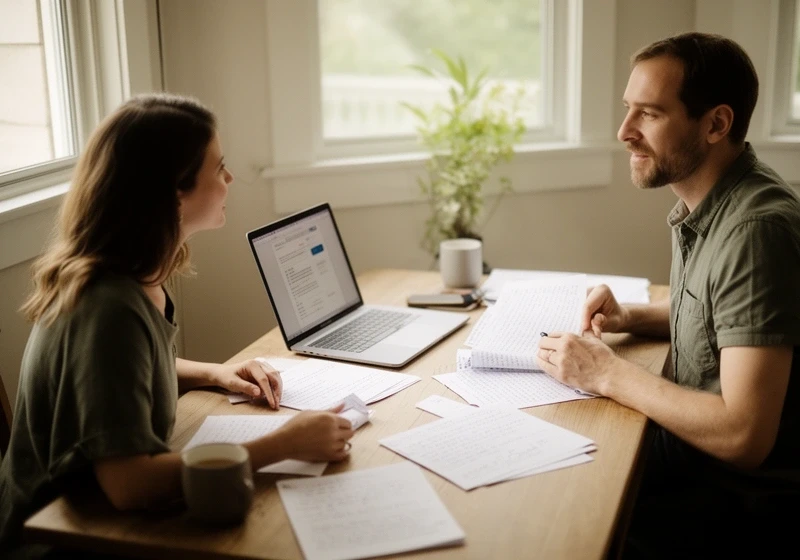 Einzel-Coaching-Session am Schreibtisch, Laptop und Notizbuch, natürliches Licht
