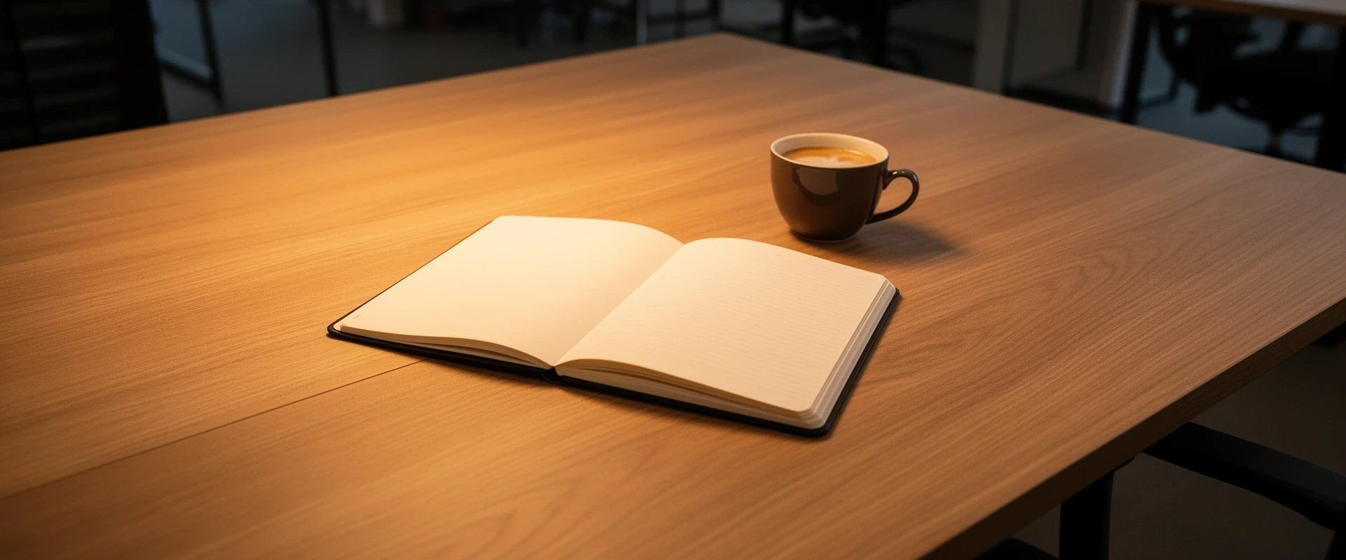 Moderner Coworking-Space in München, warmes Licht, Schreibtisch mit Notizbuch und Kaffee